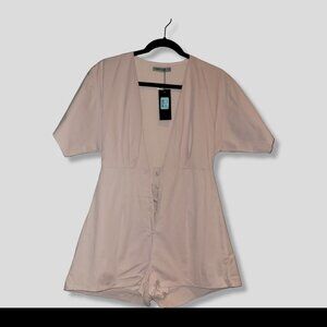 NEW - Women's SMALL Pink Carmar Romper Beach Casual Short Sleeve Plunge V Neck